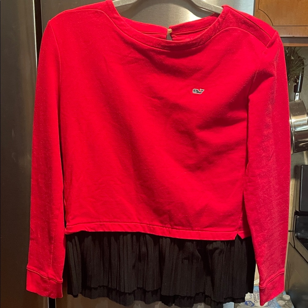 Vineyard Vines Red Long-Sleeve Sweatshirt with Black Pleated Hem